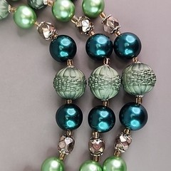 Vintage Beaded Necklace Green Triple Layered Acrylic Japan Choker 16″