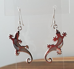 VTG 925 Gecko Lizard Earrings 1.5in Drop Sterling Silver 3gtw White MOP Inlay