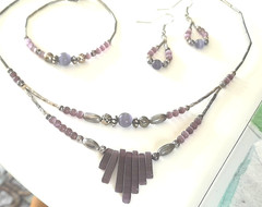 VTG Artisan Silver Tone Violet Purple Glass Necklace, Bracelet, Earrings Set