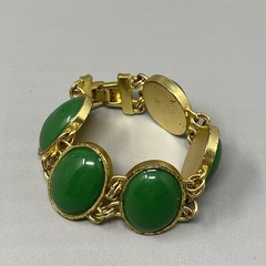 Gold Tone Link Bracelet Green Acrylic Cabochon Wide Fold Over Clasp Retro 6.25″