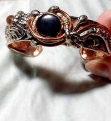 Artisan Cuff Bracelet Mixed Metals Copper Onyx Stone Slight Flex Brutalist 0198