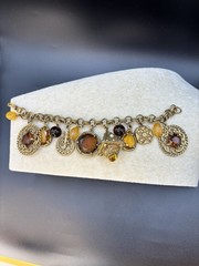 Vintage Mid Century Amber Topaz Rhinestone Charm Bracelet Etruscan Revival