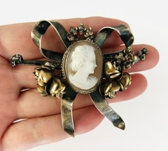 Vintage Early Hobe 925 Sterling Silver 1/20 14k Gold Cameo Flower Bow Brooch