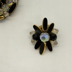 Vintage Brooch Earrings Black and AB Acrylic Beads Black Enamel