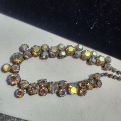 Vintage Aurora Borealis Rhinestone Choker Necklace Silver Tone J-Hook 15.5 Inch