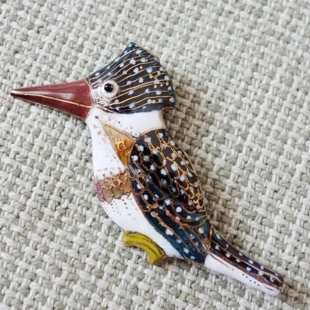 Crested Kingfisher – Japanese cloisonné enamel Mini Brooch Made-to-order NEW