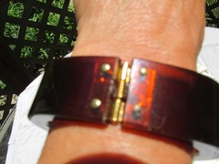 Vintage Lucite Clamper Bracelet GC Initials Brown 6.5″ Gold Plated Statement