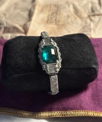 Vtg ART DECO Nov-E-Line Rhinestone Glass Rhodium Plate Bracelet Safety Chain