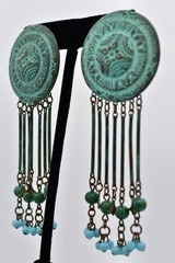 Vintage Verdigris Patina Beaded Chandelier Earrings Dangle Fringe 1970s BinAV