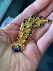 Vintage Peacock Brooch Enamal And Rhinestones Blue Green Gold Tone 2.5 in
