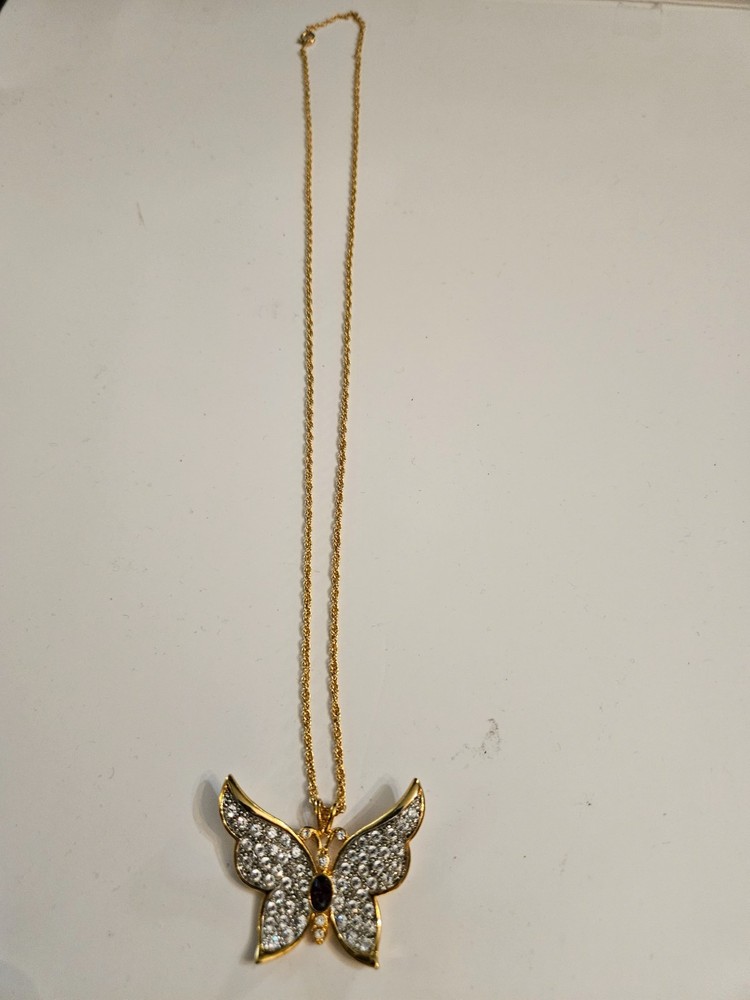 Vintage 1999 PS CO Pavé Rhinestone Butterfly Gold Wash Pendant 90s Y2K