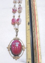 SALE VINTAGE EGYPTIAN SCARAB PENDANT VTG FUCHSIA GIVRE GLASS NECKLACE SET OOAK