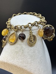 Vintage Mid Century Amber Topaz Rhinestone Charm Bracelet Etruscan Revival