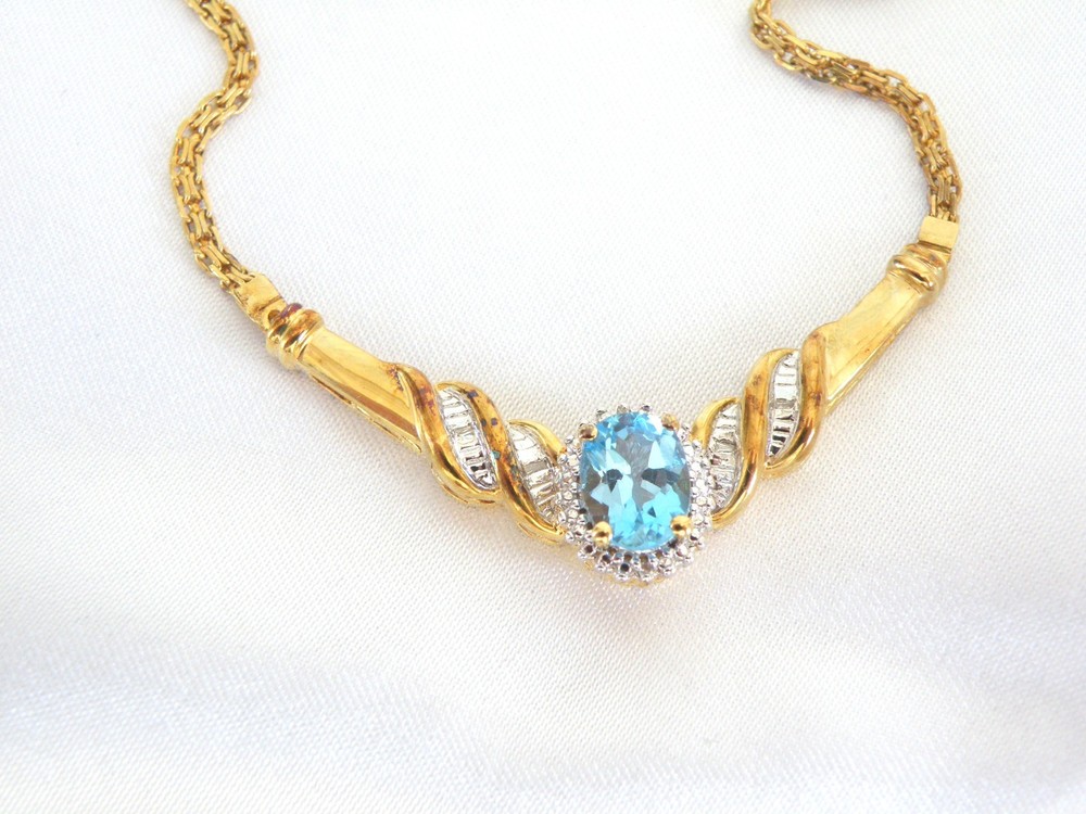 14K Gold on Sterling Silver 925 Natural Heated Blue Topaz Diamond Necklace 18″