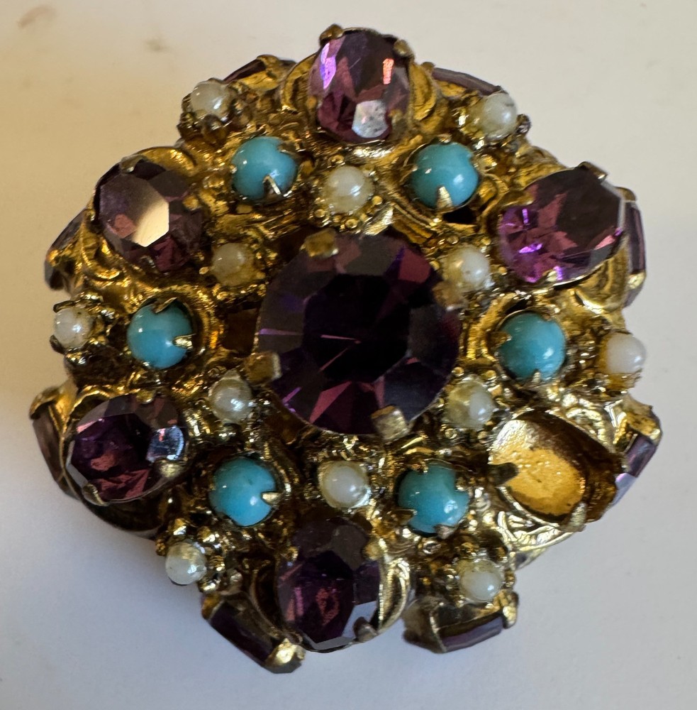 Vintage domed brooch purple rhinestones turquoise beads & faux pearls gold-tone