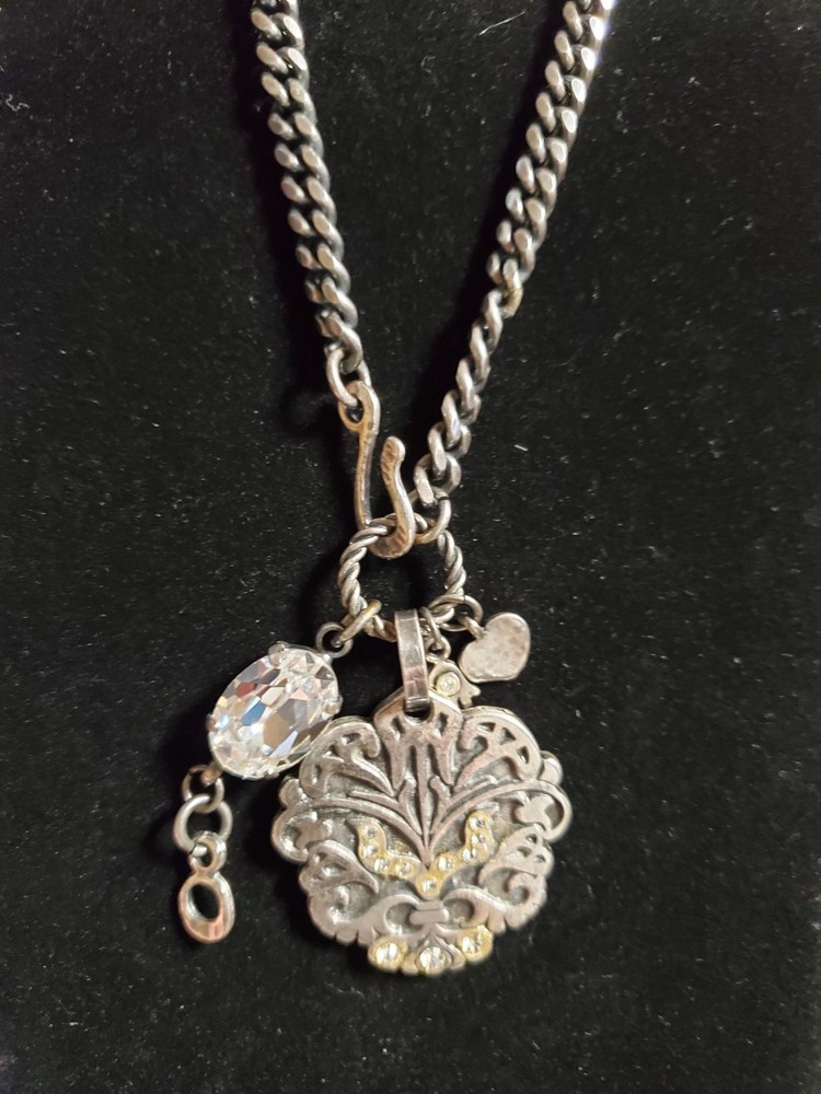 New Signed Silver Toned Metal Medallion Shield Necklace Charms Gift Unisex Adult