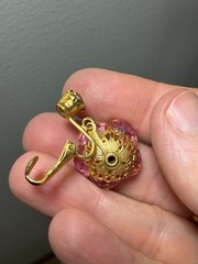 Vintage Pink Floral Rhinestone Clip Dangle Earrings Gold Tone Filigree Glamour