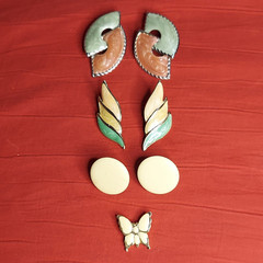 Vintage Earring 4 PAIR Pastel Enamel On Metal Stud Earrings & Butterfly Pendant