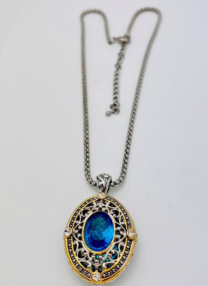 1990s 2 Tone Designer Look Turquoise/Clear Crystal Necklace 16 + 3” Ext
