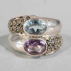 Vintage Art Deco Sterling Silver Pink & Blue Topaz Marcasite Ring Sz5.5 5.8g