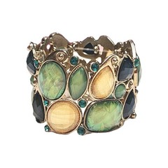 VTG Shades of Green & Yellow Shimmering Faux Opal Stretch Cuff Bracelet 6.5″