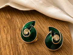 Vintage 1990s Green Enamel & Rhinestone Clip-On Earrings – Faux Bijoux