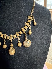 Antique Deco Book Link Chain Brass Choker Dangle Brass Beads Gold Fill Fobs 15”