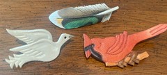 Handmade Bird Brooch Pin Lot of 3 Wood Leather Cardinal Feather Dove Vtg