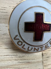 Vintage Enameled Gold Tone Metal Red Cross Volunteer Pin or Brooch
