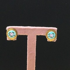Guilloche Floral Earrings Gold Tone Teal Blue Pink Rose Painted Screw Back .5″