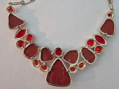 Vintage Coral & Rhinestone Necklace in Heavy Bezeled Sterling 3.1 oz. 20″