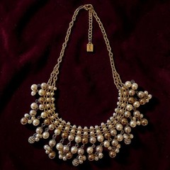 Y2K Bib Fringe Necklace Egyptian Revival Faux Pearl Gold Tone Victorian Vintage