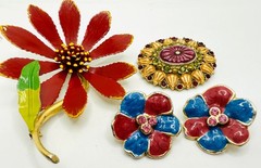 Lot VTG Red Mod Enamel Flower Brooch, Red Blue Earrings & Liz Claiborne Brooch