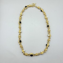 Opulent Vintage 24” Gold-Tone Link Necklace with Faux Pearl & Onyx Cabochons