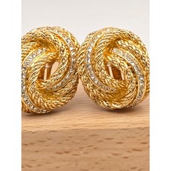 Vintage Christian Dior Rhinestone Rope Twist Knot Clip On Earrings Gold Tone