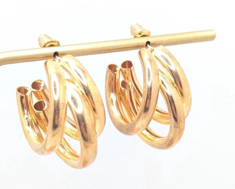 Vintage Gold Tone Lightweight Triple Hoop Earrings Drop Dangle Goldtone Simple