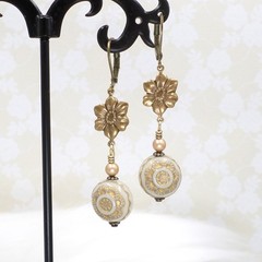 Gold Flower Dangle Earrings: Vintage Style Acrylic Pearl Bead Handmade Jewelry