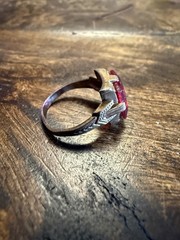 Pretty Vintage Art Deco Red Glass Ring with Detailed Buckle Band, Size 5.5