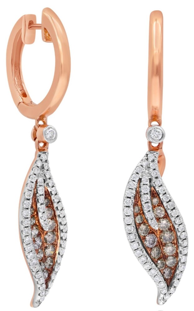 .99CT WHITE & CHOCOLATE FANCY DIAMOND 14KT ROSE GOLD 3D LEAF HUGGIE FUN EARRINGS