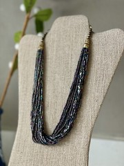 Vintage Oil Slick Iridescent Bead Torsade Necklace Statement Brass Boho Chic
