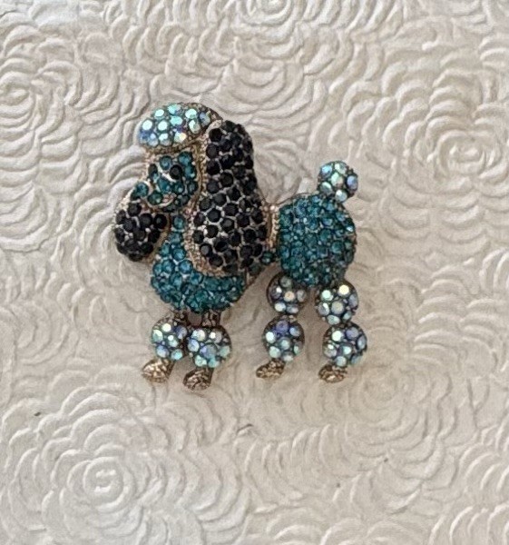 Poodle brooch pin / enamel on metal w/ cystals