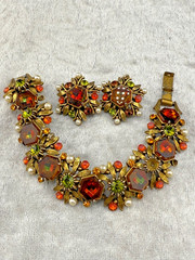 Vintage Florenza Bracelet Clip On Earrings Set Red Rhinestone READ 7″