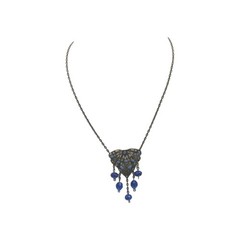 Victorian Design Filagree Necklace Blue Beads 15 Inch