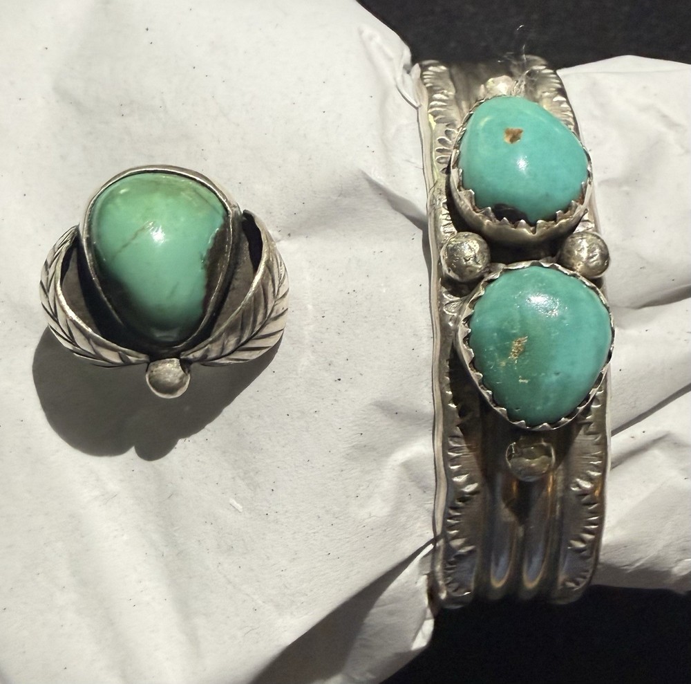 Vintage Navajo Sterling Silver Turquoise Cuff Bracelet & Ring: 38g /7g