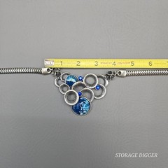 Vintage Bib Statement Necklace Silver Tone Blue Marbled Cabochon Rhinestone 19″