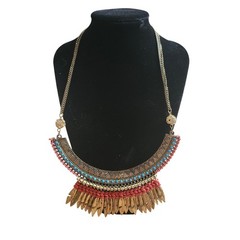 Boho Tribal Bib Fringe Statement Necklace Turquoise Beads Rhinestones Gold Tone