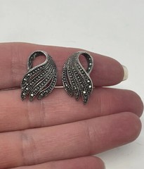 Vintage Sterling Silver 925 Marcasite Earrings SD Hallmark Abstract Leaf Studs