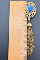 Vintage Blue Glass Cabochon Brooch w/ Chain Tassels Gold Tone Filigree 80s Glam