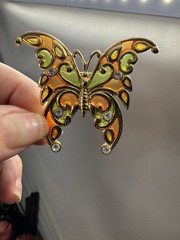 R. Steinmertz SFJ Butterfly Brooch Lapel Pin Goldtone Stained Glass 1970’s