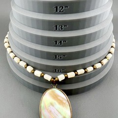 Vintage Mother of Pearl Necklace Iridescent Bezel Pendant Carved Shell 16”